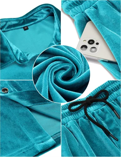 Vista 5 de LecGee Conjunto de pantalones cortos casuales de verano para hombre, camisa de terciopelo de manga corta con botones, pantalones cortos de cintura