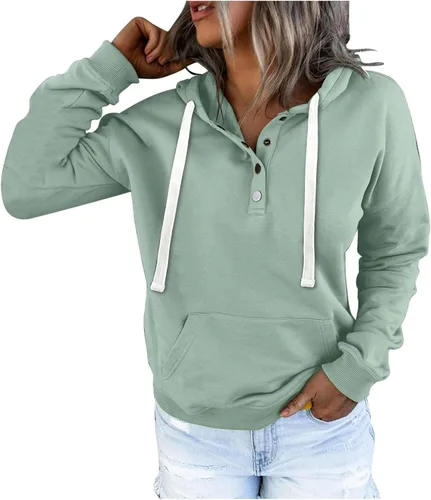 Vista 5 de Sudadera casual con capucha para mujer, manga larga, lisa, ligera, holgada, con bolsillo