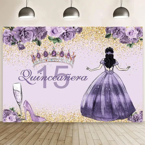 Vista 8 de AIBIIN Telón de fondo de quinceañera de 15 cumpleaños para niñas, fondo de fotografía rosa floral dorado con purpurina, corona de princesa, tacones