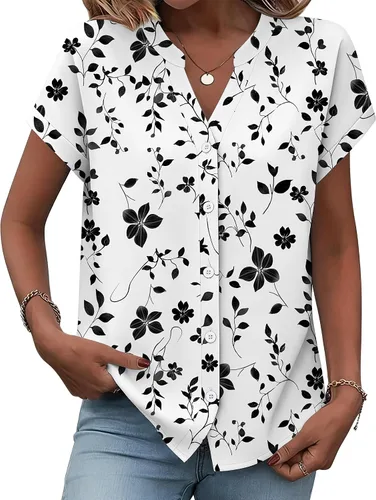 Vista 16 de Zeagoo Camisas con botones para mujer, camisetas de manga corta, cuello en V, blusas casuales de negocios