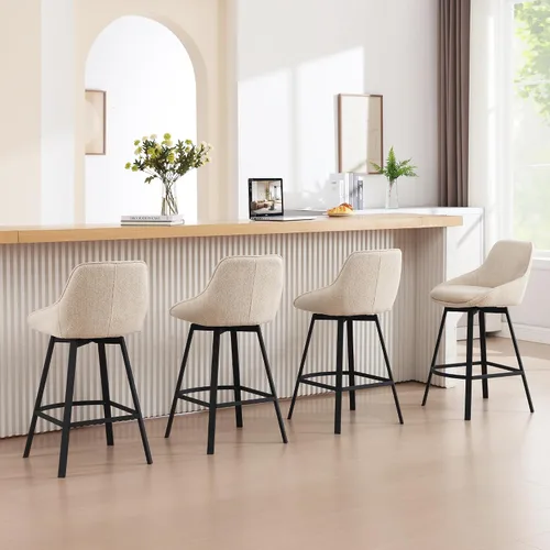 Vista 7 de Flouki Juego de 2 taburetes giratorios para mostrador, taburetes de bar beige para isla de cocina, sillas de barra de tela de lino modernas, base