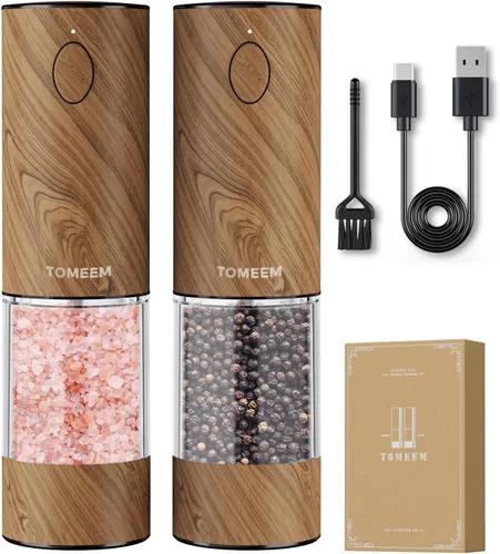 Vista 11 de TOMEEM Juego de molinillo eléctrico de sal y pimienta de mayor capacidad, recargable con luces LED, molinillo automático de pimienta y sal de acero