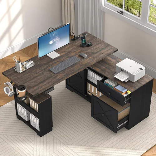 Vista 4 de St.Mandyu Escritorio eléctrico de pie en forma de L de 55 pulgadas con cajón de archivos y puerta corrediza, escritorio de esquina de altura