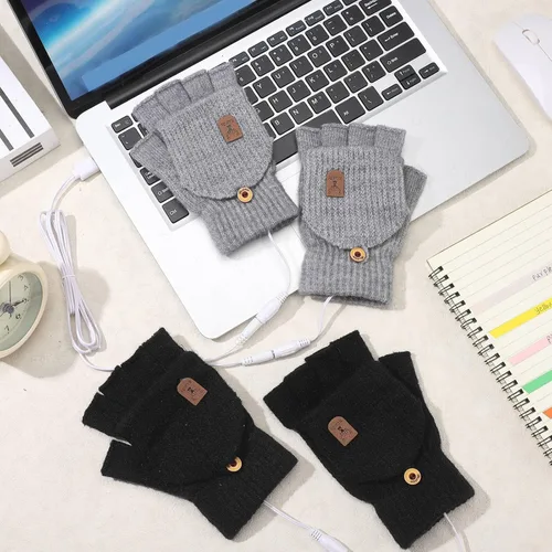 Vista 7 de SATINIOR 2 pares de guantes calentados USB de invierno, guantes calentadores de manos USB sin dedos, guantes eléctricos calentadores de manos