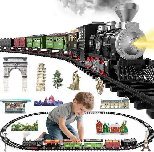 Vista 9 de NIPLOOOW Juego de tren para niños de 4 a 8 años, juguete de tren eléctrico con sonido realista, luces y humo para debajo del árbol de Navidad