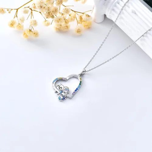 Vista 5 de RJK Sterling Silver Heart Shape Animal Pendant Necklace with Rainbow Cubic Zirconia Animal Jewelry Gifts for Animal Lover Christmas Birthday Gifts