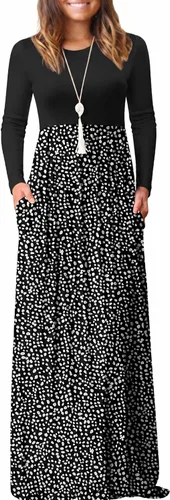 Vista 19 de GRECERELLE Vestido largo de manga larga para mujer, casual, cuello redondo, holgado, sólido floral, maxi largo con bolsillos, S-3XL A-Negro