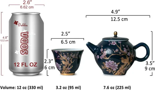 Vista 3 de Dahlia Juego de té de porcelana con diseño de pájaro y flores: tetera con colador integrado + 4 tazas de té en caja de regalo, azul
