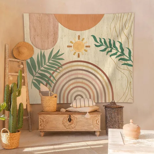 Vista 4 de SUOTEMEIFEI Tapiz de arte bohemio con plantas, tapiz retro con plantas, puesta de sol, paisaje, estético, abstracto, para pared, dormitorio, sala