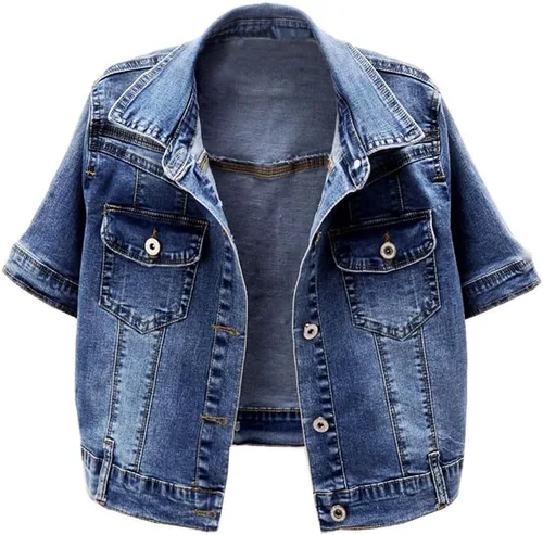 Vista 7 de Chaqueta de mezclilla de manga corta para mujer, con botones, chal elástico