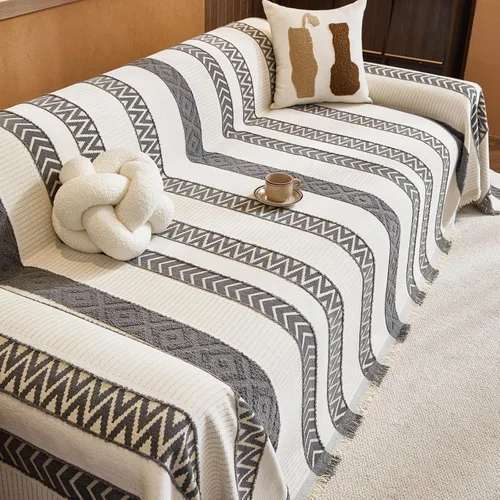 Vista 18 de HANDONTIME Chevron Pattern Couch Cover Vertical Striped Jacquard Sofa Cover Modern Minimalist, Khaki and White, Sofa Covers Washable, Pet Friendly