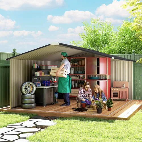 Vista 9 de Outsunny Cobertizo de almacenamiento exterior de 11' x 13', cobertizo de metal para herramientas de jardín con kit de cimentación, puerta con doble
