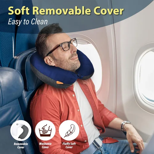Vista 2 de TREKOLOGY Almohada cervical de viaje para avión – Almohada de cuello de avión de primera calidad para dormir – Soporte de cuello definitivo para Azul