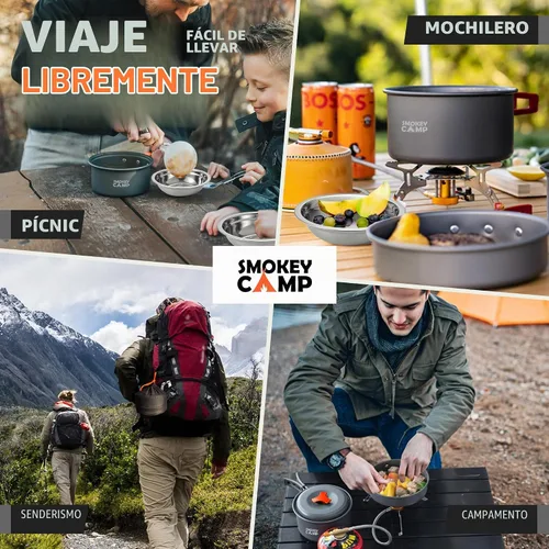 Vista 9 de Smokey Camp Camping Cookware Mess Kit Set with Stove - Backpacking Camping Pots and Pans Set, All in One Non-Stick Camping Cooking Set, Portable