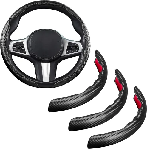 Vista 10 de Juego de fundas para volante de automóvil, funda de fibra de carbono brillante, antideslizante, 3 piezas, accesorios para volante de 14.5-15 negro