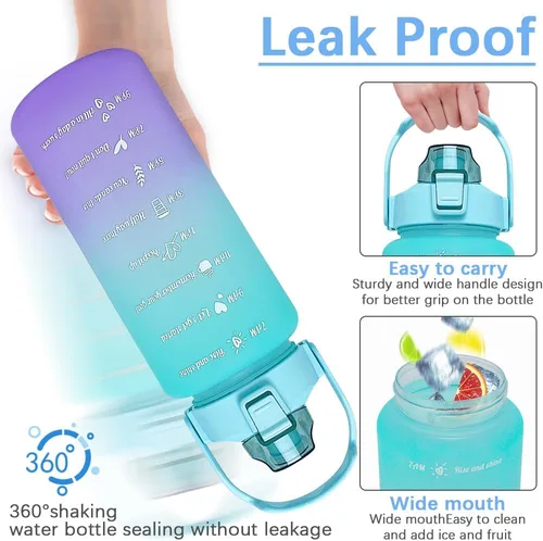 Vista 4 de Botella de agua de gran capacidad de 64 onzas con marcadores de tiempo motivacionales y pajilla, portátil, a prueba de fugas, sin BPA para fitness