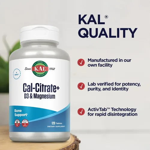 Vista 4 de KAL Cal-citrato +, citrato de calcio más vitamina D-3 y 500 mg de magnesio, soporte saludable para huesos y dientes, sin gluten y verificado