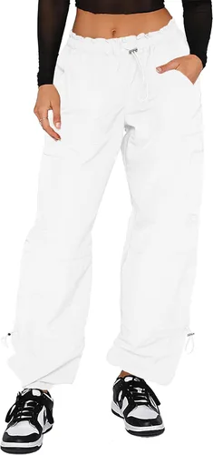 Vista 19 de Waitfairy Pantalones cargo para mujer, con cordón elástico, cintura elástica, pantalones de paracaídas holgados para mujer, pantalones Y2K con 01