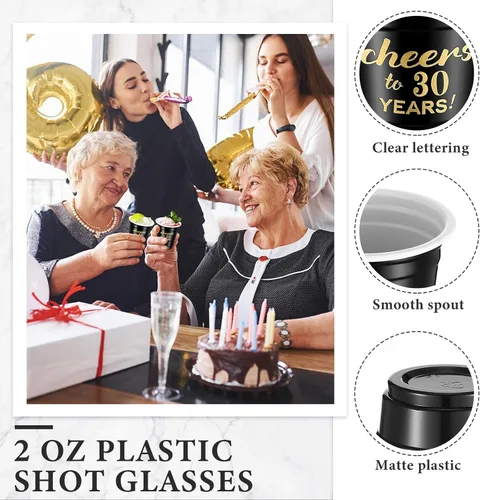 Vista 3 de 100 vasos desechables de plástico transparente para cumpleaños de 30 años de 30 años, de 2 onzas, para hombres y mujeres, para aniversario, fiesta