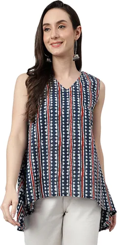 Vista 3 de Janasya Camiseta india de algodón azul marino con estampado geométrico para mujer