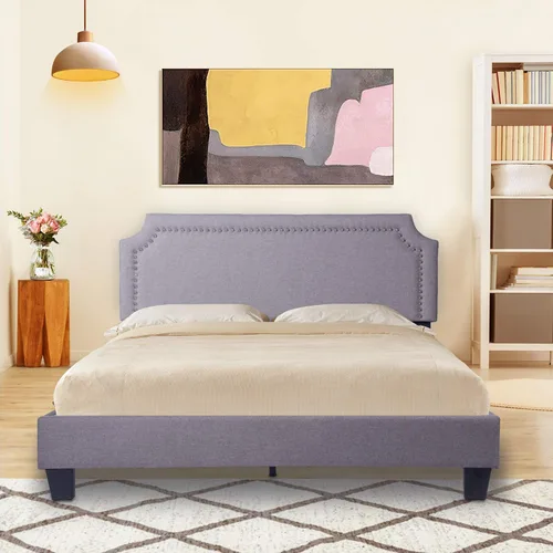 Vista 12 de LUCKYERMORE Base de cama de plataforma Queen de 12 pulgadas con cabecera beige, marco de cama de metal resistente con almacenamiento debajo