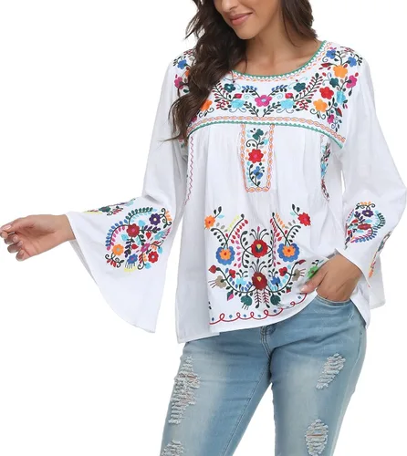 Vista 5 de YZXDORWJ Blusa de verano con bordado bohemio mexicano bohemio para mujer