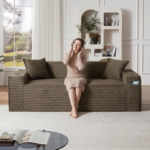 Vista 26 de Sofá sin hueso de 66.5 pulgadas con portavasos y bolsillos laterales, sofá biplaza tapizado de tela de pana moderna con 2 almohadas para sala