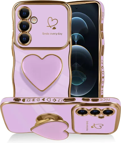 Vista 9 de Funda para Samsung Galaxy S22 Love-Heart Holder Case Cute Black Luxury Wave Frame forma rizada con corazón de amor, cubierta protectora de TPU suave