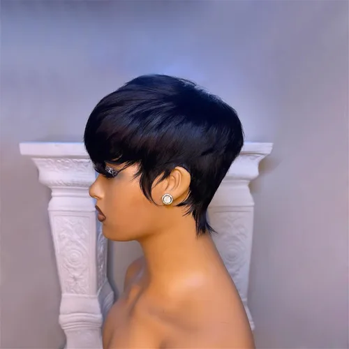 Vista 3 de YJOQOKOA Peluca corta de cabello humano estilo Bob para mujeres negras, pelucas de cabello humano con corte Pixie, sin pegamento, sin encaje