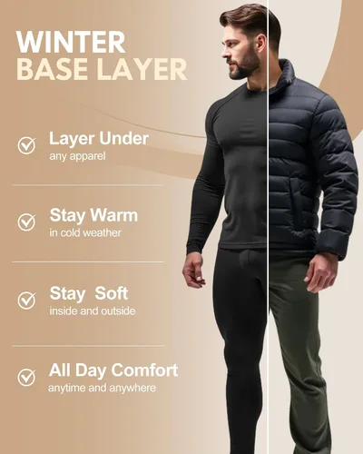 Vista 3 de CL convallaria Ropa interior térmica para hombre, ropa interior larga con forro polar, capa base para clima frío, XS-4XL