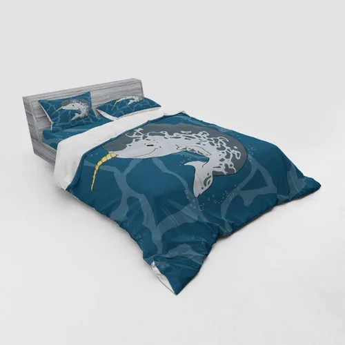 Vista 2 de Ambesonne Narwhal Duvet Cover Set, Happy Arctic Ocean Whale with Horn Swimming in The Sea Cartoon Style Animal Drawing, 4 Piece Bedding Set with