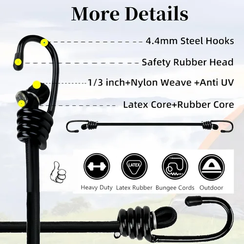 Vista 3 de Lanlord Cuerdas elásticas de látex negro resistentes para exteriores de 20 pulgadas con correas elásticas de gancho, 4 unidades de 20 pulgadas