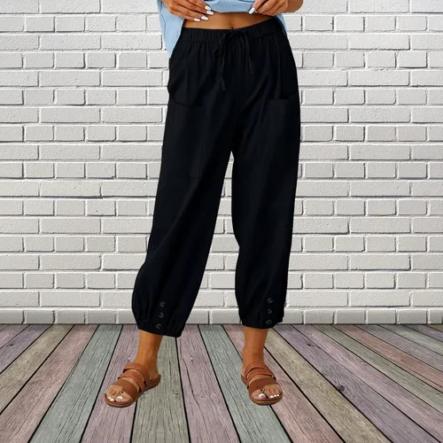 Vista 4 de ZQFFB Capri Pants for Women Casual Summer Linen Capris Elastic Waist Crop Pants with Drawstring