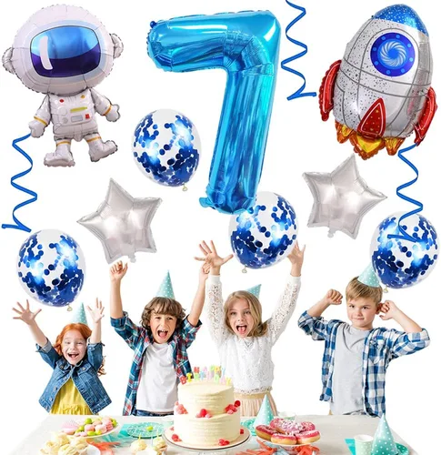 Vista 6 de Globos de cumpleaños de cohete de 7º astronauta, globo de fiesta de espacio exterior, globos gigantes de papel de aluminio de 32 pulgadas, globo