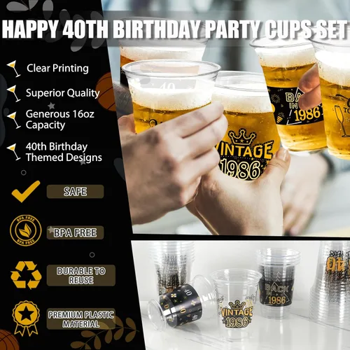 Vista 6 de 50 Piezas Vasos de Plástico para Fiesta de Cumpleaños 40 a Granel, 16 Oz Vasos de Beber Desechables de Plástico Transparente Negro Dorado
