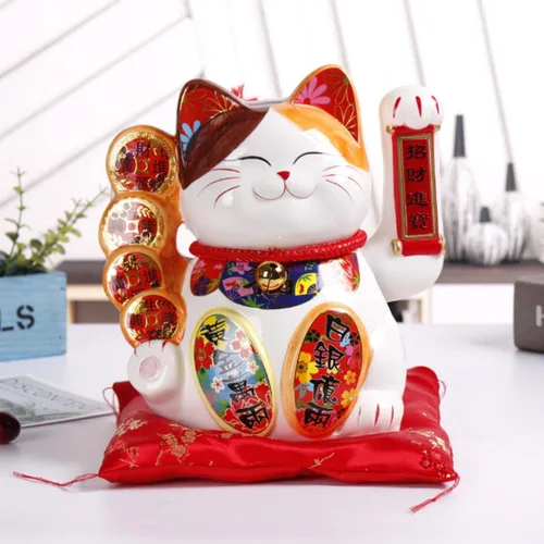 Vista 5 de Gato de la suerte grande de 10 pulgadas, gato de la suerte de cerámica Feng Shui, porcelana decorada con adornos, Lucky Fortune, el mejor regalo