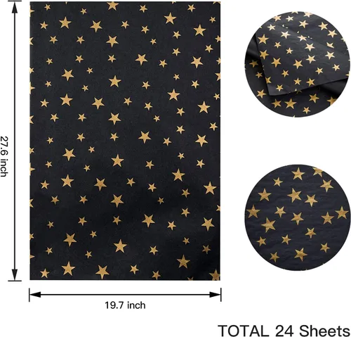 Vista 3 de Sharlity Bolsas de regalo pequeñas de color negro y dorado, 24 bolsas de papel de fiesta con papel de seda de estrella para Halloween, Año Nuevo