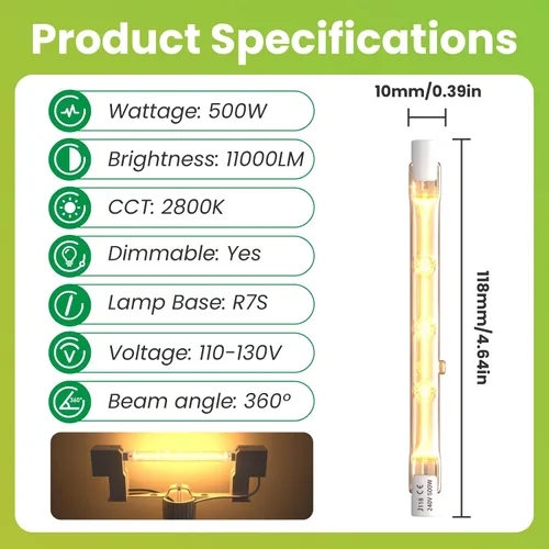 Vista 8 de Lustaled Bombillas halógenas de 500 W, R7s, bombilla LED de 4.646 in, 4.7 pulgadas, bombillas halógenas T3, 2800 K, blanco cálido, tipo J, doble