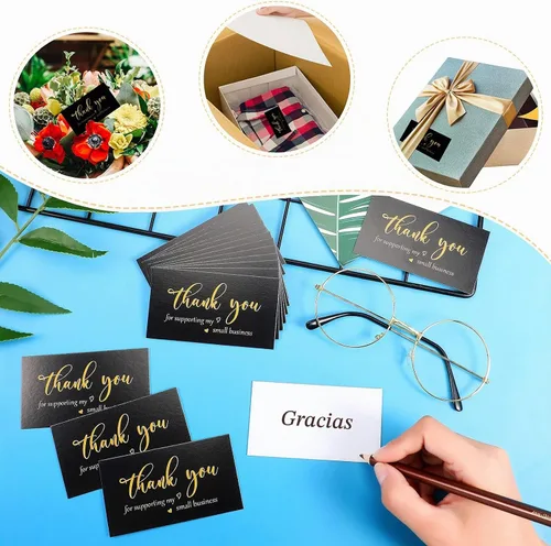 Vista 5 de Outus Juego de 620 tarjetas y calcomanías de agradecimiento. Calcomanías con capa de oro de agradecimiento para apoyar mi pequeño negocio con bolsa