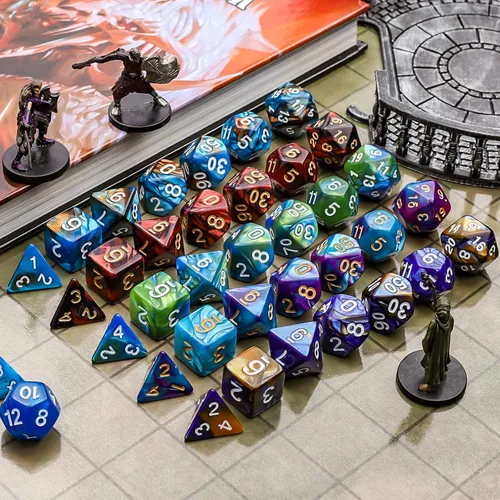 Vista 3 de CiaraQ Juego de dados poliédricos - Dados para juegos de rol DND para Calabozos y Dragones, juego de mesa RPG, doble color, 35 piezas Diseño