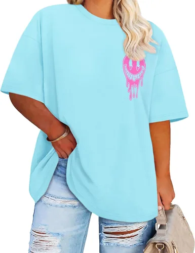 Vista 12 de Blusas de Talla Grande Casuales Camisetas Oversized para Mujeres Ajuste Holgado Cuello Redondo Blusas Camisetas Básicas de Verano Tees