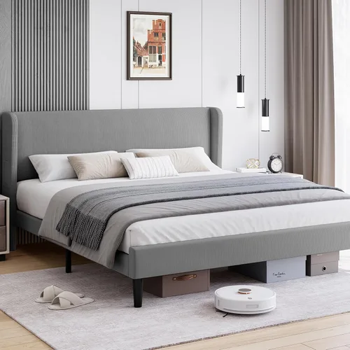 Vista 9 de Base de cama de tamaño matrimonial con cabecera tapizada, base de cama de plataforma de madera con 2 bolsillos de almacenamiento, respaldo de ala