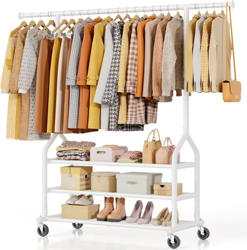 Vista 9 de EAGMAK Perchero de ropa resistente con capacidad de carga de 192 kg, perchero enrollable con estantes, colgador de ropa ajustable de metal