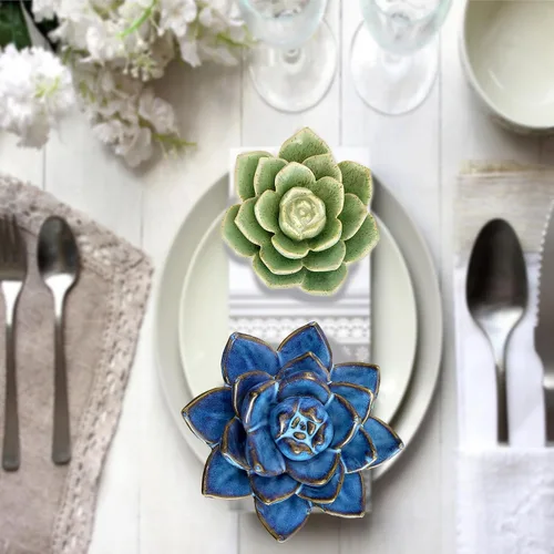 Vista 7 de Mesa de cerámica suculenta flores con base estable, mesa decorativa 3D hecha a mano (azul)