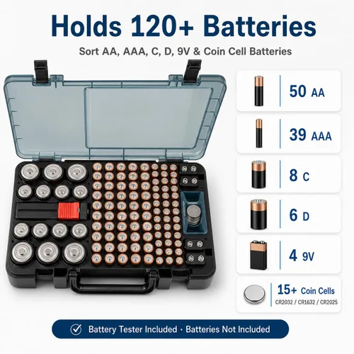 Vista 2 de Estuche Organizador y de Almacenamiento de Baterías con Probador. Caja Contenedor Portabaterias para más de 120 pilas AA AAA 9V C D, Litio CR2025