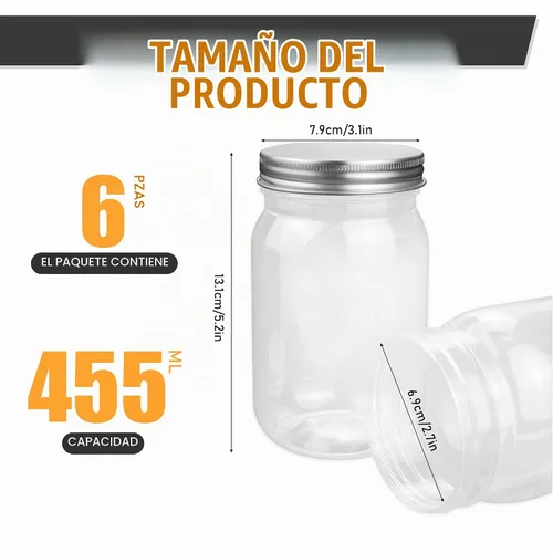 Vista 2 de FIREBOOMOON Paquete de 6 tarros de plástico transparente de 16 onzas con tapas de hojalata de metal de sellado de tornillo, recipientes