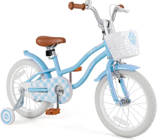 Vista 33 de COSTWAY Bicicleta para niños de 12, 14, 16, 18 pulgadas, bicicleta para niños con ruedas de entrenamiento, frenos de mano y posavasos, sillín