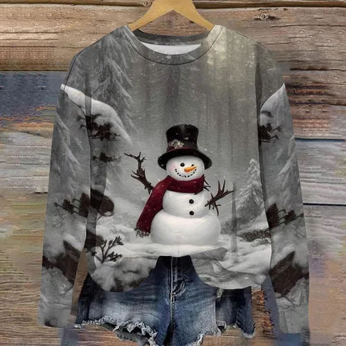 Vista 2 de Homisy 2023 New! Vintage Snowman Long Sleeve Top for Women Christmas Printed Shirts Dressy Loose Fit Blouses FallWinter