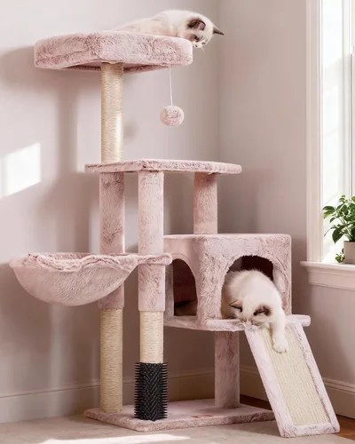 Vista 9 de Heybly - Árbol de gato con cepillo autolimpiante, torre de gato para interior con plataforma acolchada de felpa, casa de gato con cesta, poste