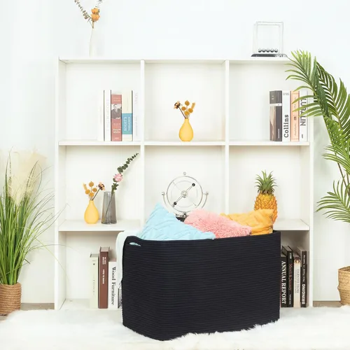 Vista 5 de MINTWOOD Design 112L Canasta Extra Grande para Mantas con Soporte para Sala de Estar, 25"x17"x16" Canasta de Almacenamiento de Cuerda Tejida